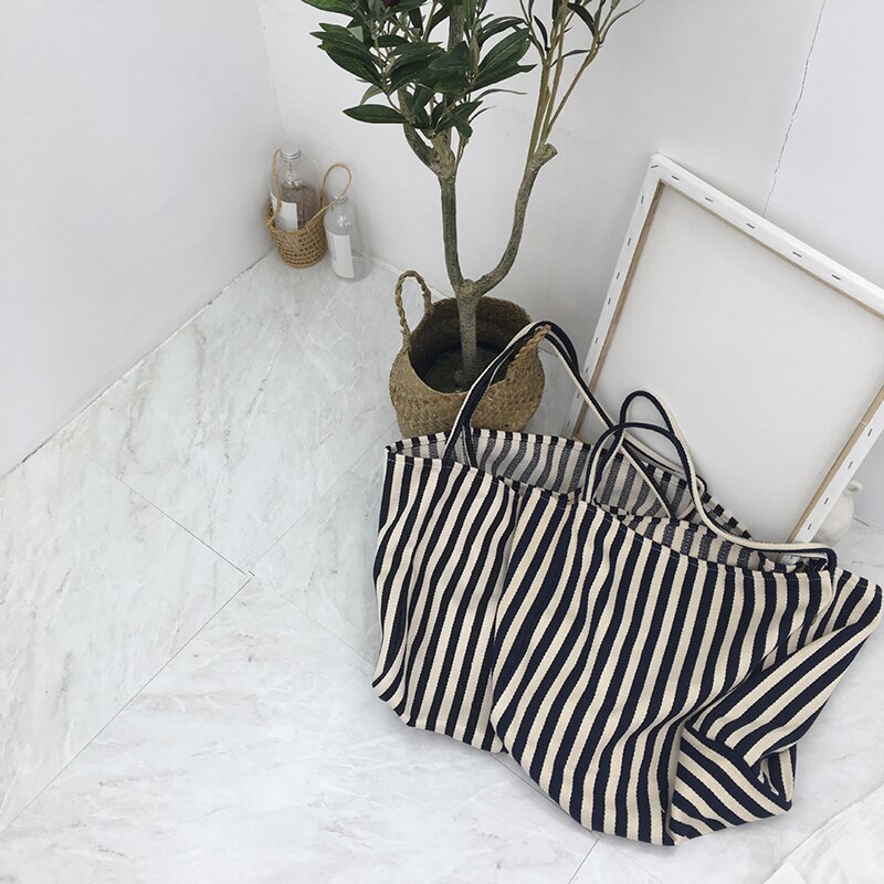 Bag Female Spring and Summer Large Capacity Canvas Bag Pinstripe Shoulder Bag Shopping Bag Bolsas De Mujer