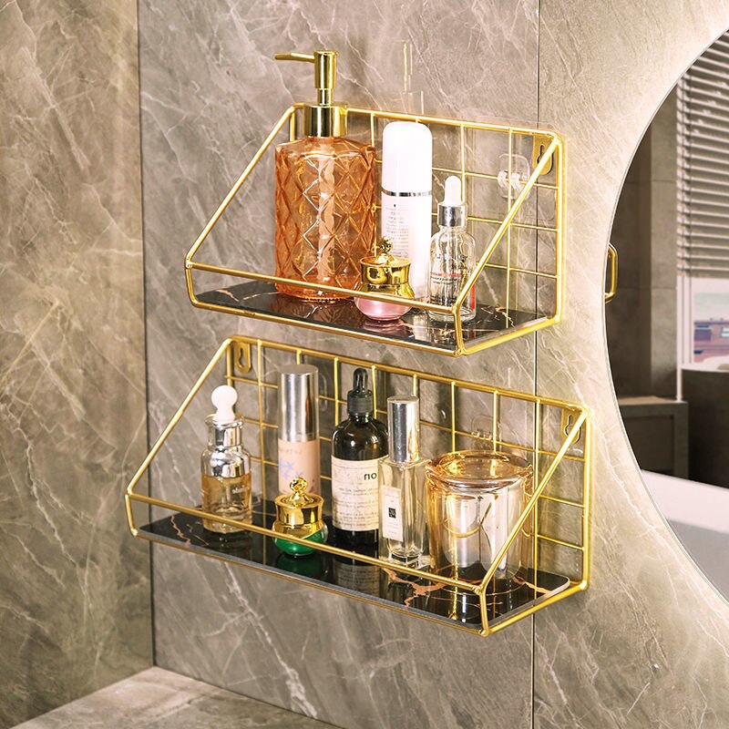 Gold Iron&amp;glass Wall Shelf Organizer Holder Kitchen Supplies Shef Storage Rack Hanging Storage Cabinet Organizer Bathroom Tools