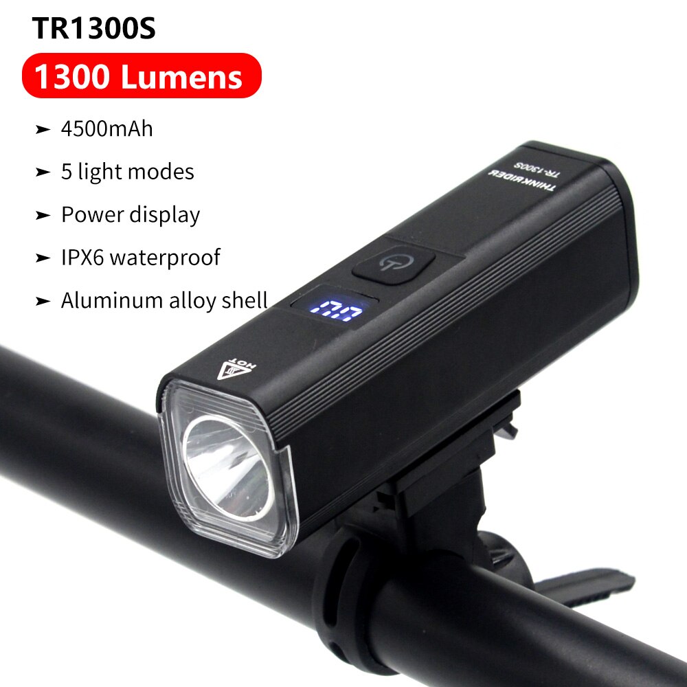 ThinkRider-luz de 1300 lúmenes para bicicleta, Faro de 4500mAh para manillar, linterna con carga USB, para ciclismo de montaña o carretera: TR-1300S