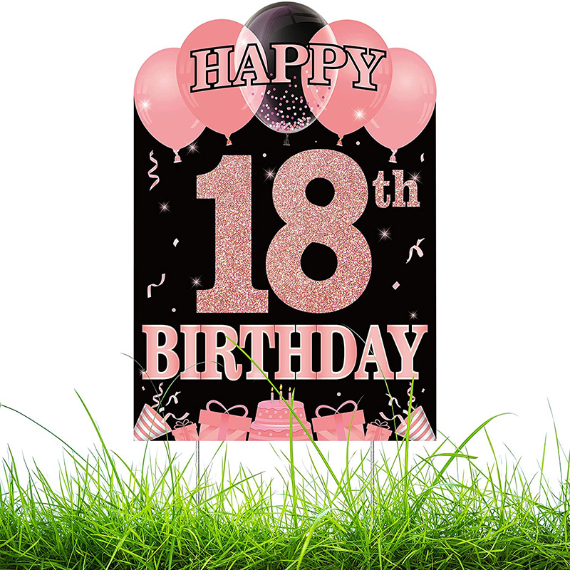 Happy 18th Birthday Yard Sign Party Favor Waterproof Rose Gold Theme Pink Lawn Signs Birthday Decoration Supplies for Teens