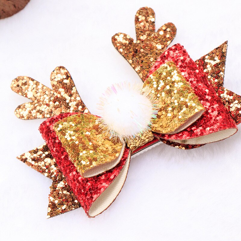 Girls Cute Elk Antlers Hair Clips Festival Style Sequins Hairpins Children Hair Accessories Christmas Red Bow Hair Pin