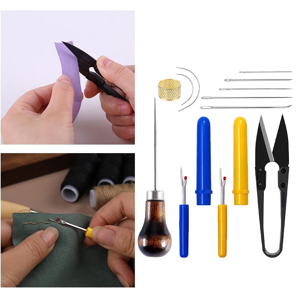 12Pcs Leather Sewing Tools Kit Curved Needles Gourd Awl Leathercraft U Scissors Seam Ripper for Quilting Repairing Stitching