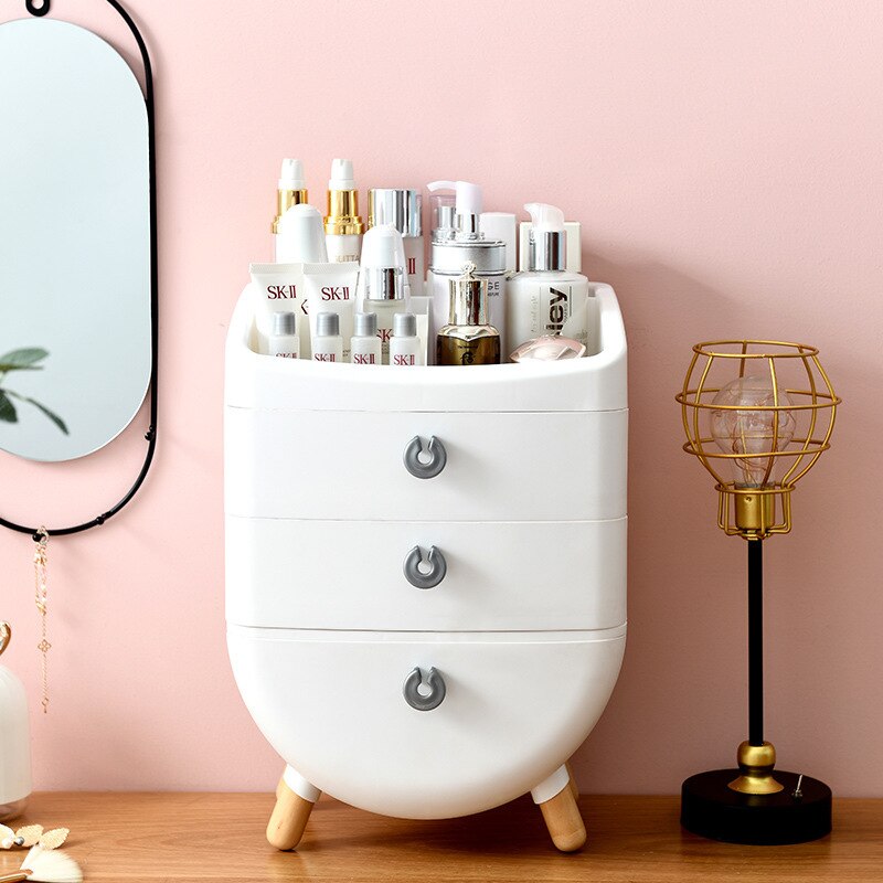 Armario de maquillaje de escritorio con pie de madera, organizador tipo cajón para baño, cosméticos, tocador de gran capacidad, caja de almacenamiento