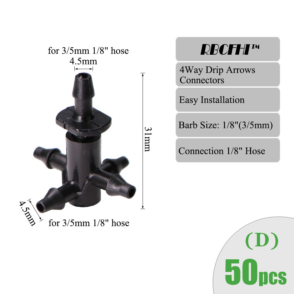Rbcfhi bevattningssprinkler 3/8 tum 4- vägs vattenrörskoppling 4/7mm to 3/5mm slangböjningspilar korsavstängningskoppling: D