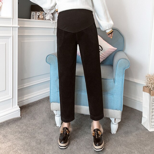 Winter Warm Velvet Maternity Pants Corduroy Pants For Pregnant Women Clothes Loose Thicken Abdominal Trousers Pregnancy Clothing: Black / M