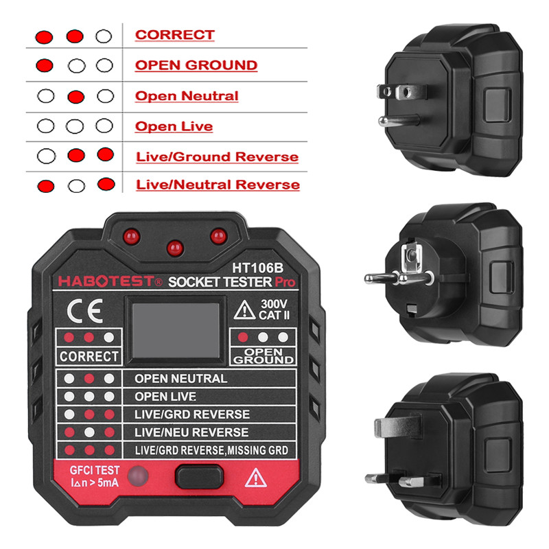 Electric Mains Fault Checker Socket Tester Digital Display Plug In AC 110V-230V Tools Energy Meters