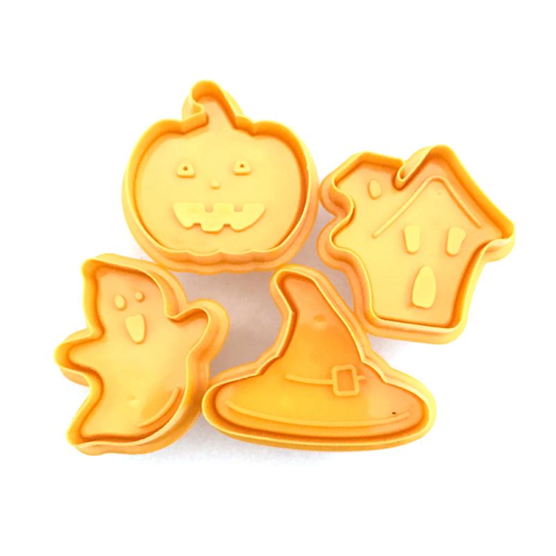 Diy Bakvorm Halloween Cookie Cutters 4 Stks/set Halloween Cookie Stempel Biscuit Mold 3D Plunger Cutter Diy Bakvorm