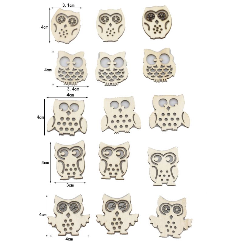 15pcs Mix Owl Shape Natrual Wooden Ornament Slices DIY Scrapbooking Crafts Decor H7ED