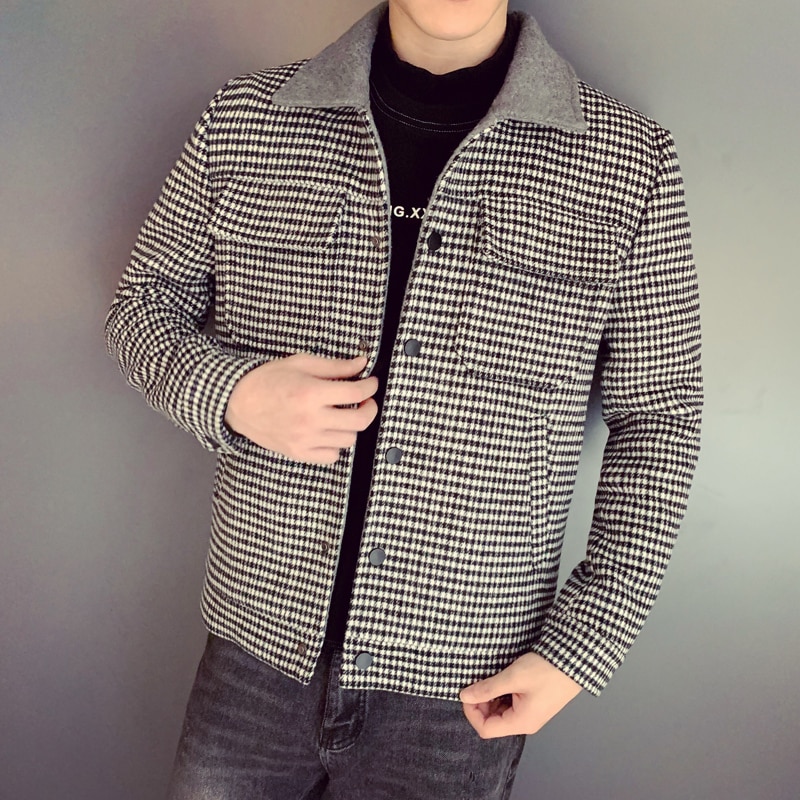 Efterår vinter frakke uld frakke grå kaffe plaid smart afslappet herre uld frakke england mellemlange frakker jakker slim fit mandlige
