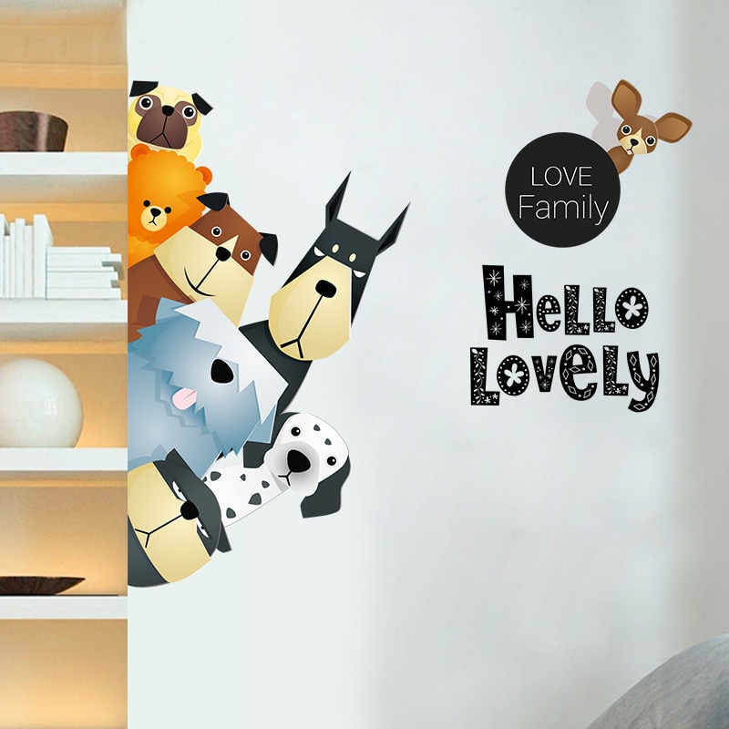 Cartoon Dogs Wall Stickers Lovely Family Vinyl Decals for Door Children Room Home Decor Door Sticker PVC Wall Decals/Adhesive