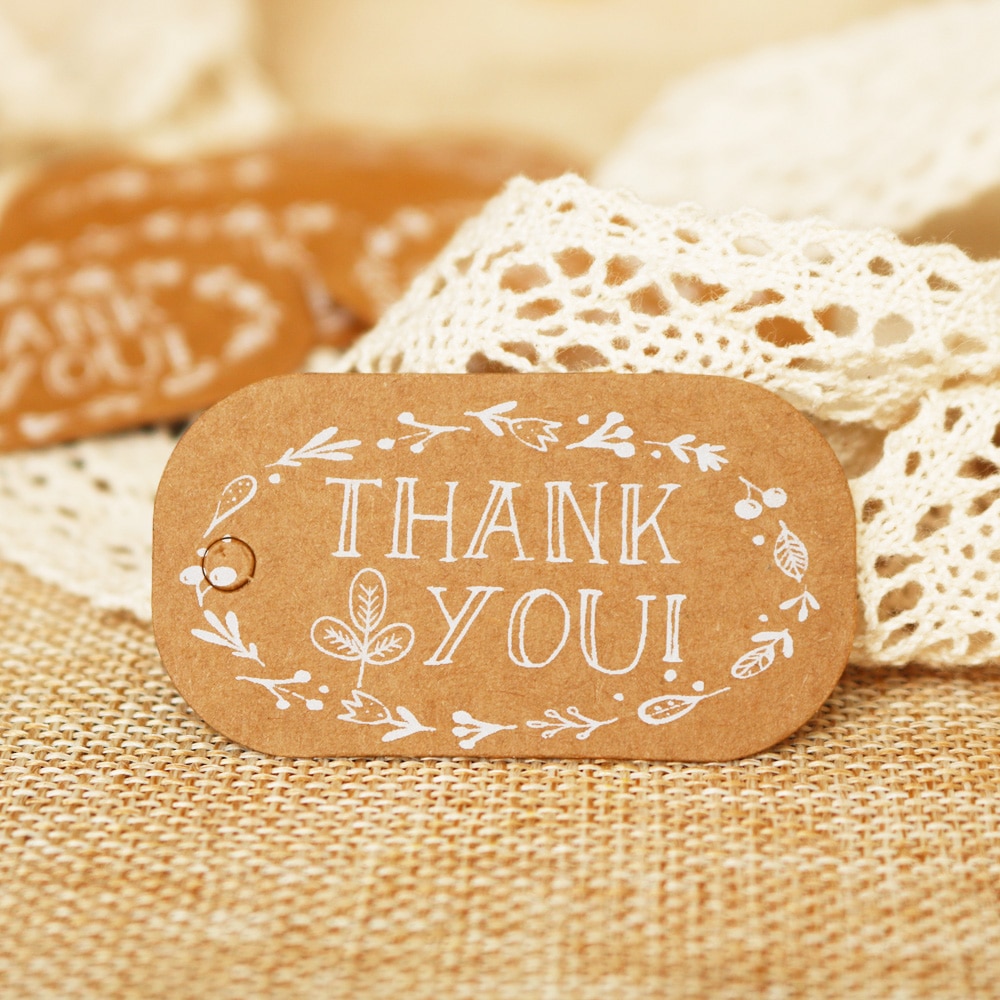 50 piezas gracias etiquetas de papel Kraft decoración etiqueta boda tarjetas de papel Garland etiqueta hecho a mano caja de Decoración colgar etiquetas
