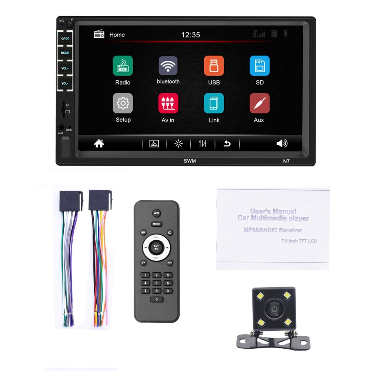 Bil multimedie  mp5 afspiller 7 " kapacitiv skærm bluetooth usb aux tf kort fm radio bil stereo med 4 lampe kamera