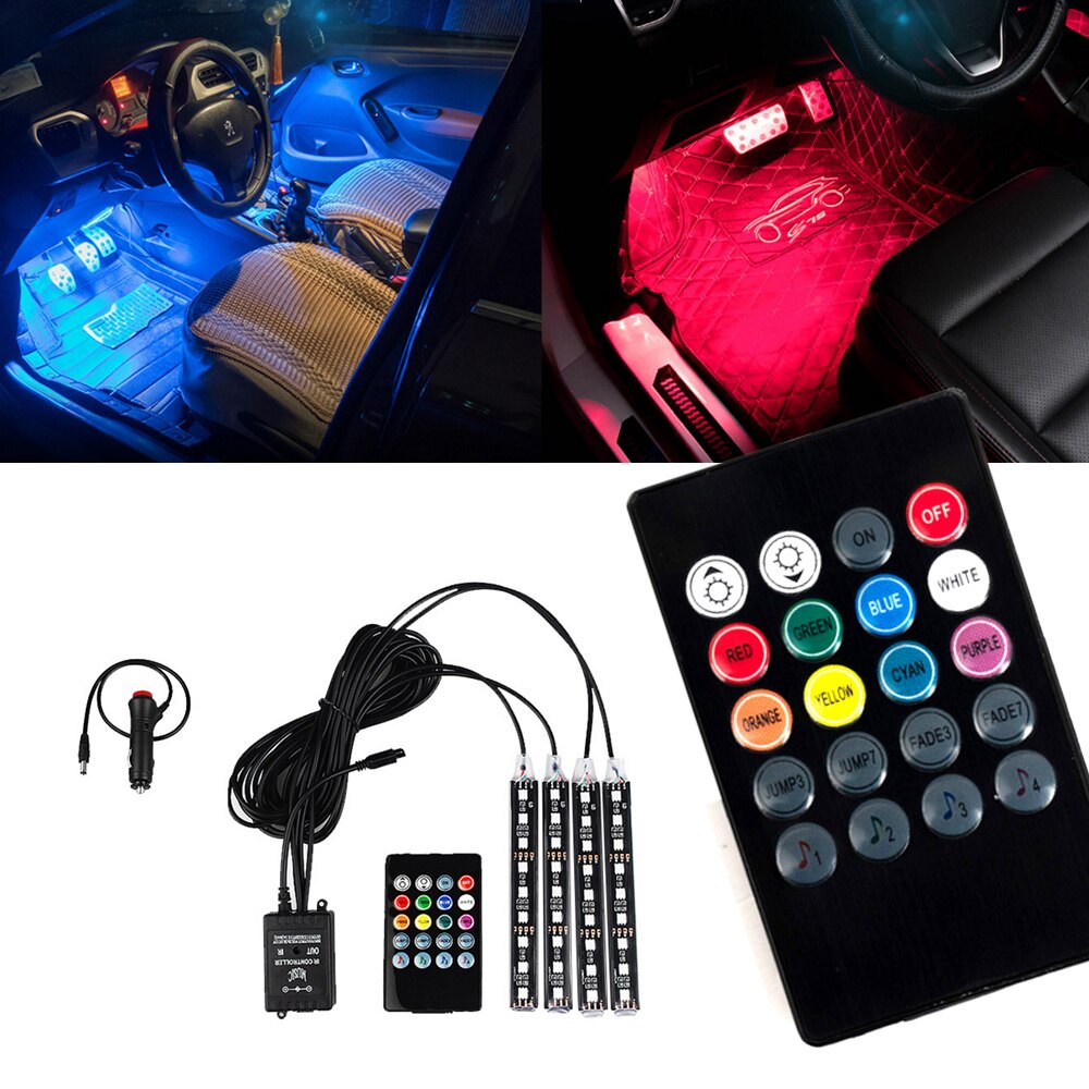 4 in 1 LED Auto Interieur Strip Verlichting Kleur Veranderende Muziek Light Sound & Afstandsbediening LED Strip Licht Lamp Voor auto Decration