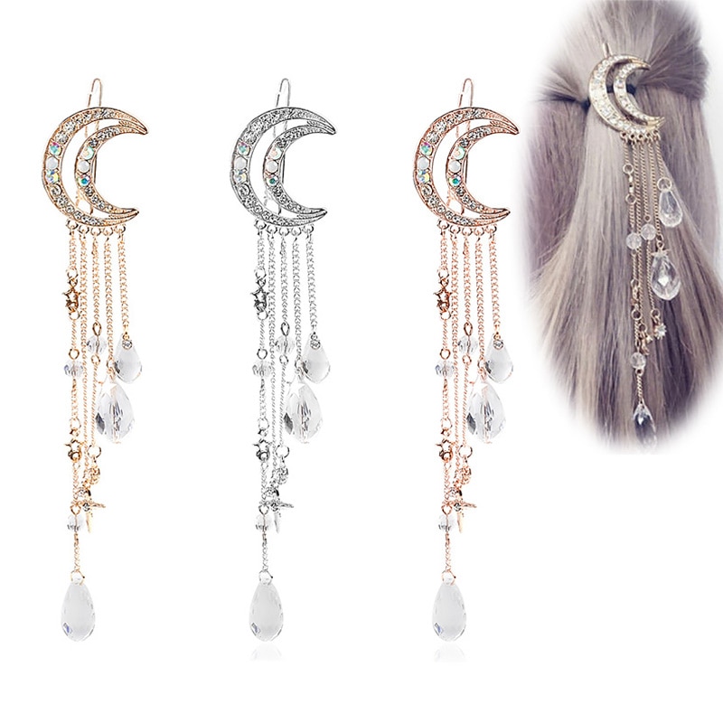 Moon Rhinestone Hair Clip - Crystal Tassel Chain Hairpin - Metal Pearl Hair Jewelry Accessory