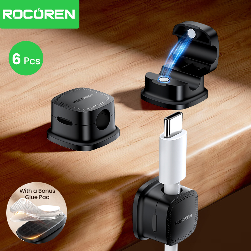Rocoren 6Pcs Magnetic Cable Organizer Smooth Adjustable Cable Holder Under Desk Stable Cable Management Wire Keeper Cable Clips
