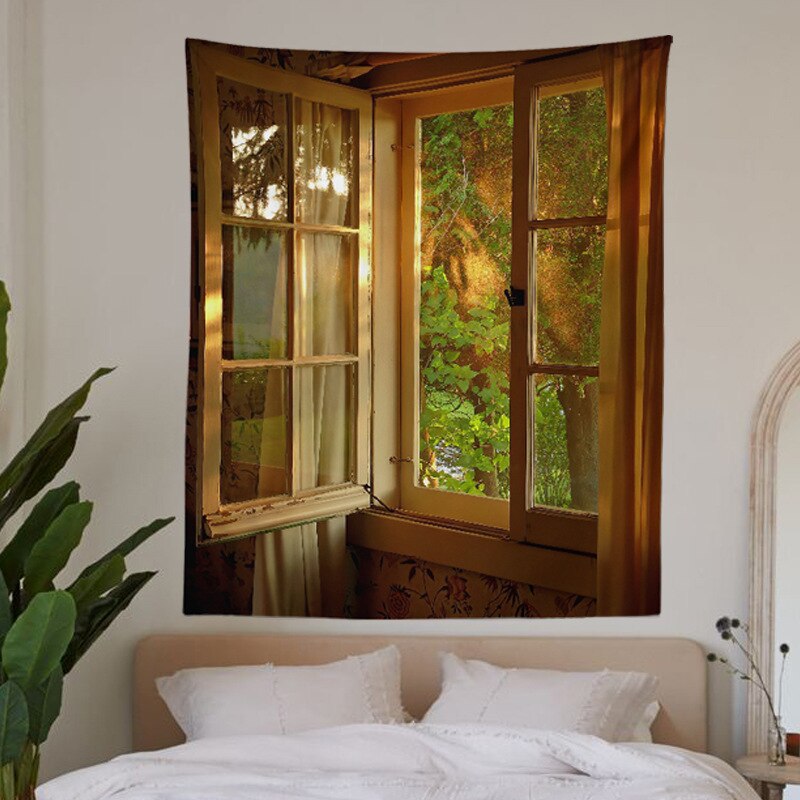 Window Scenery Tapestry Wall Hanging Teen Room Decor Boho Nordic Home Cute Aesthetic Bedroom Decoration