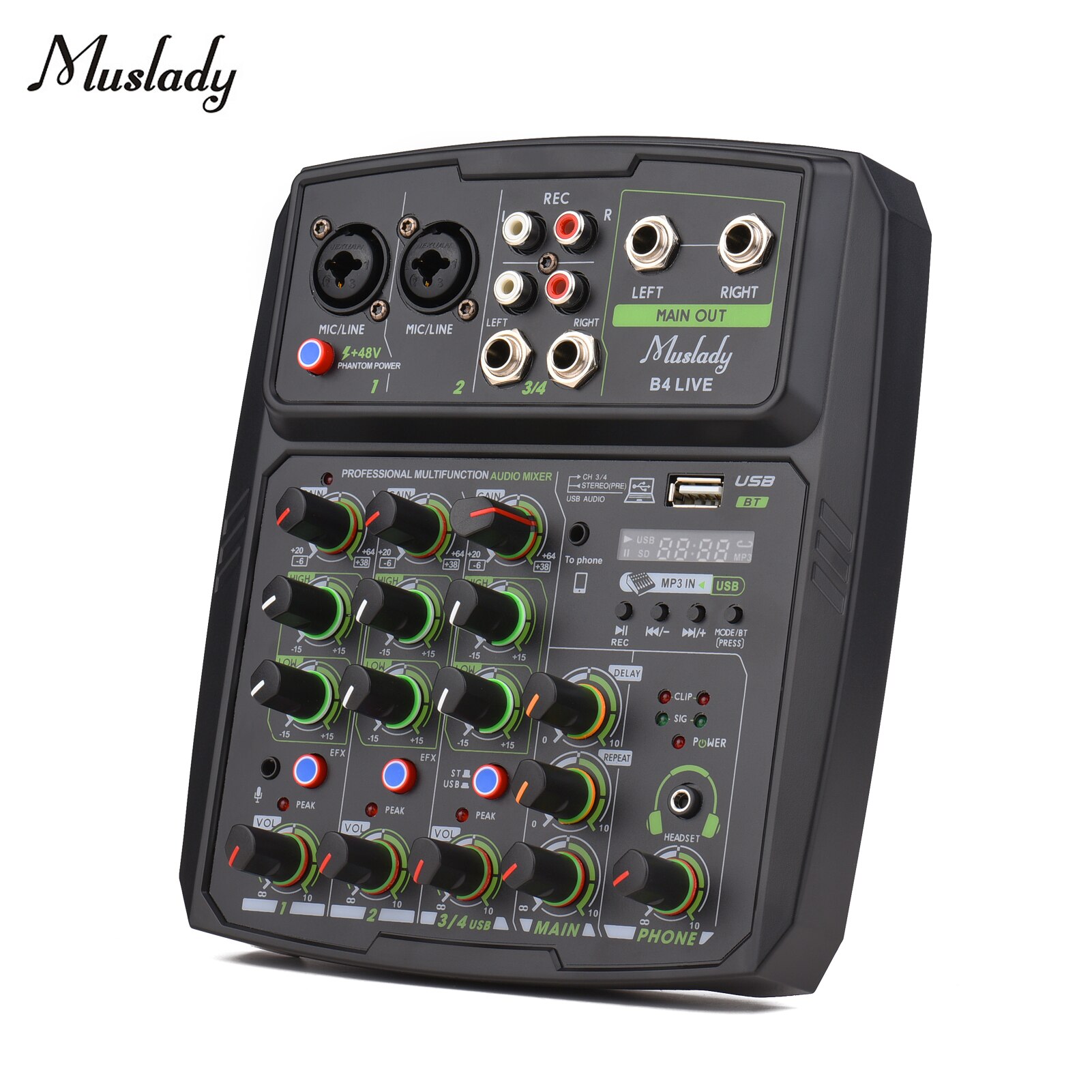 Muslady 4-Channel Audio Mixer Mixing Console LED Screen Built-in Soundcard USB BT Connection with 2-band EQ Gain Delay