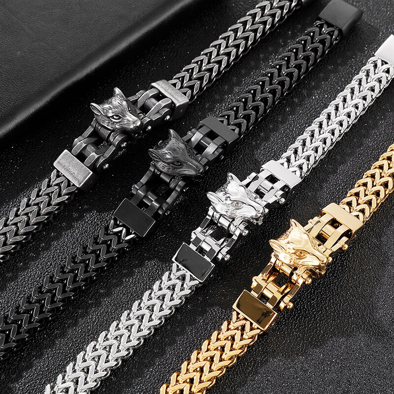 Edelstahl männer Armbänder Mit Wolf Köpfe 12MM Doppel Schicht Franco Link Curb Kette Armband Männer Punk Schmuck mit Tasche