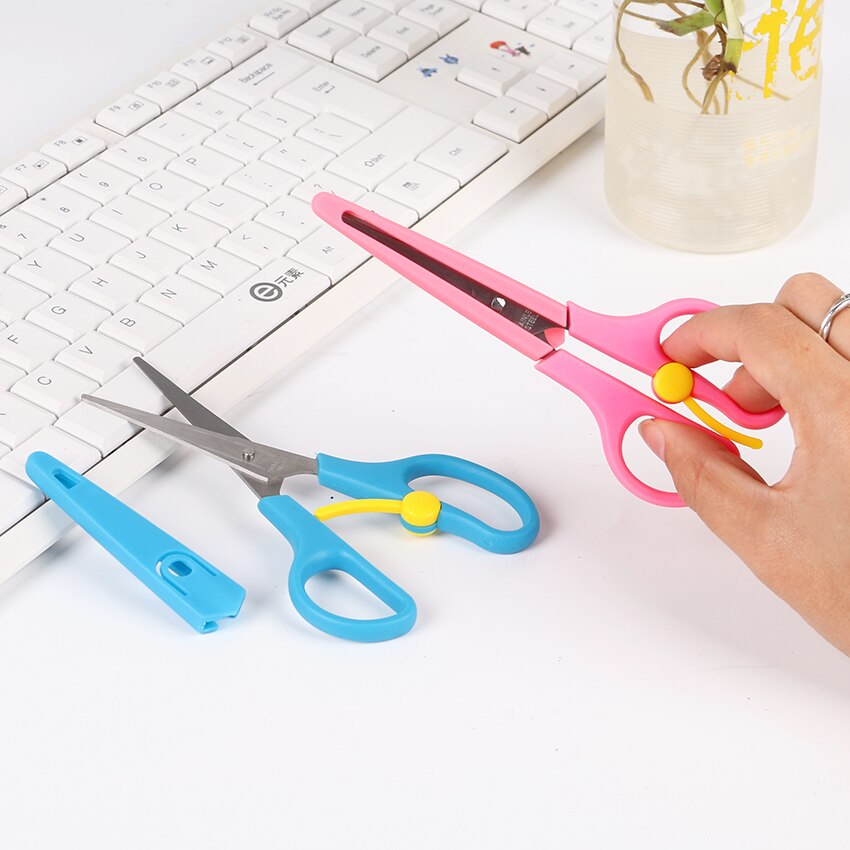 1PC Safety Sleeve Stainless Steel Scissors Safe Student Spring Scissor Children Paper Scissors Cutting Stationery Supplies