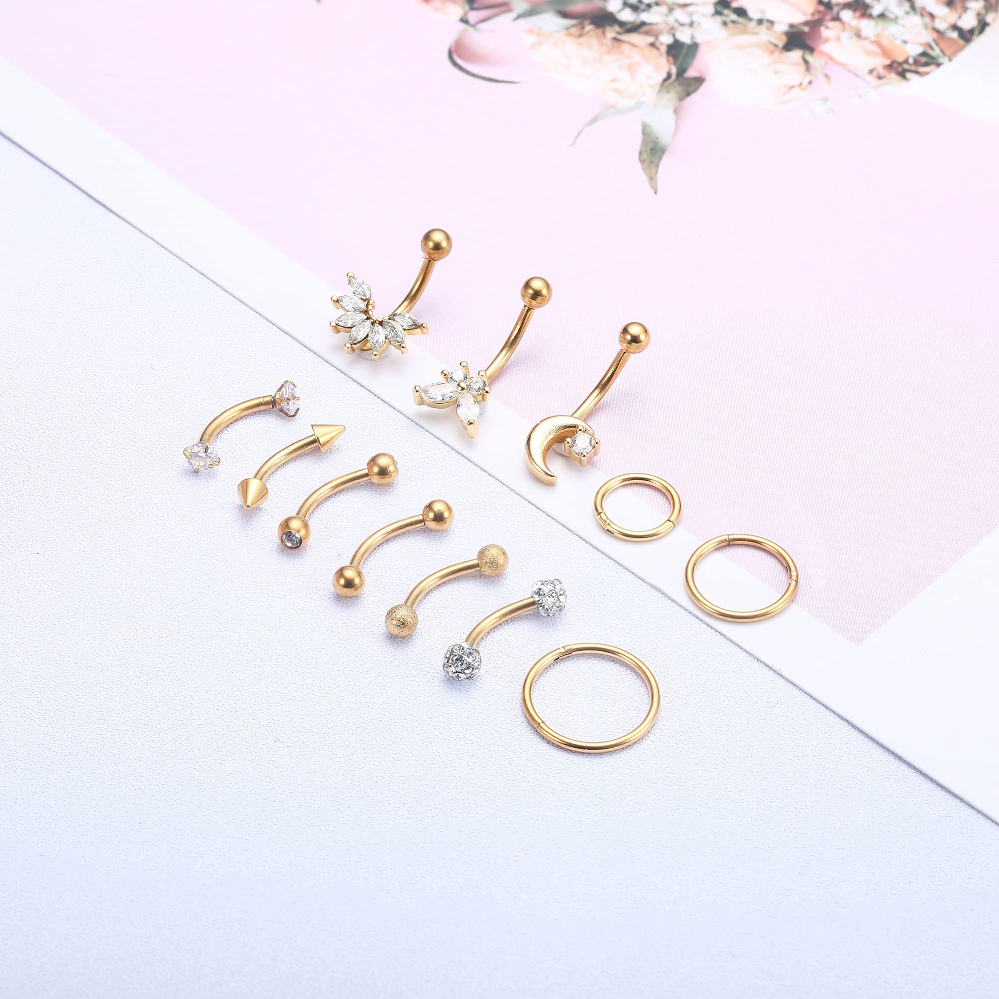 Drperfect 1pc 16G Eyebrow Rings Stainless Steel Belly Lip Cartilage Hoop Rook Daith Earrings Tragus CZ Piercing Curved Barbell