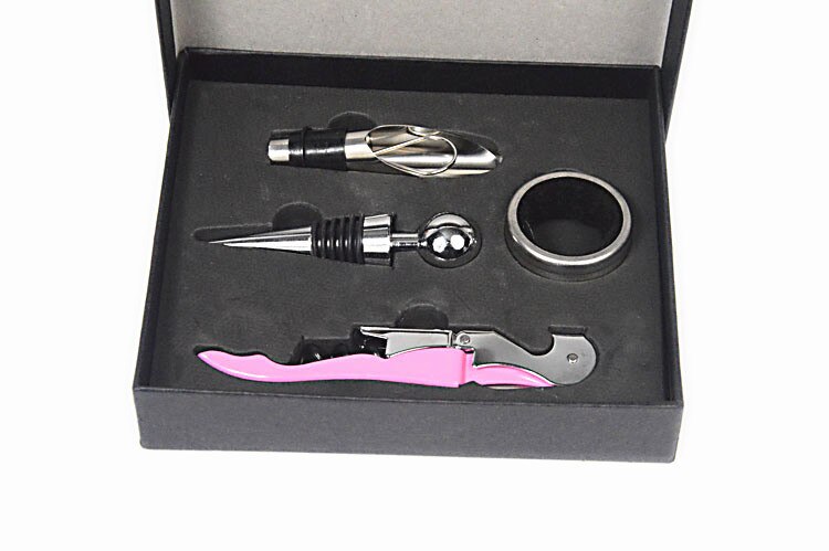 1 set 4 in 1 rode wijnflesopener kurkentrekker wijnflesopener + stop + ring + schenktuit set met doos willekeurige kleur  lj 014