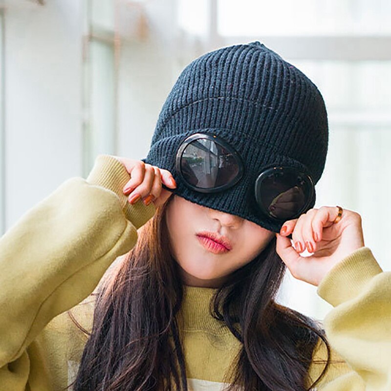 Glasses Hat Unisex Wool Knitted Goggles Beanie Thermal Fluffy Warm Cap Heat Keeper Ear Protector Men Women Hat Cap