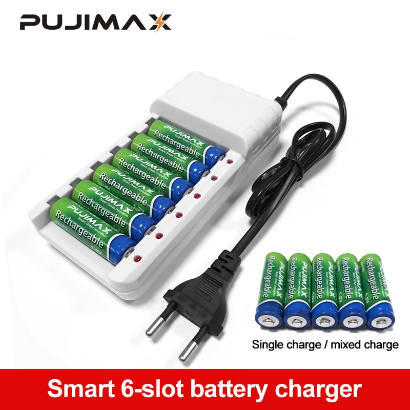 Pujimax 6 Slots Batterijen Charger Aa/Aaa Ni-Mh/Ni-Cd Batterijen Oplaadbare Batterij Eu Plug Universele Batterij lader