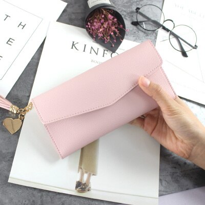 Lang læder pung dame punge tri-fold kvast dame pung pu pung hjerteformet vedhæng clutch kortholder telefontaske: Lyserød