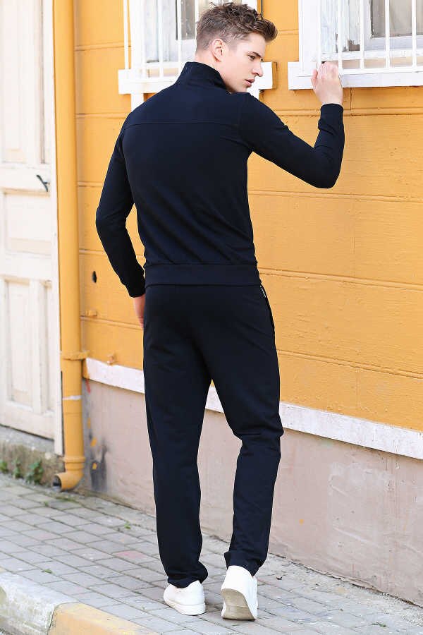 Navy blue Male Right Collar Zipper Slim Fit Classic Trotting Track Suit Takımı-85072