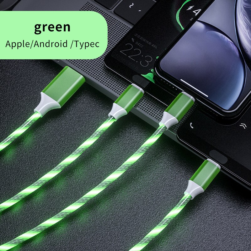 1.2m Car Charging Mobile Phone Cable USB IOS Type C Flow Luminous Lighting Data Wire for Samsung Huawei LED Micro Kable: Green