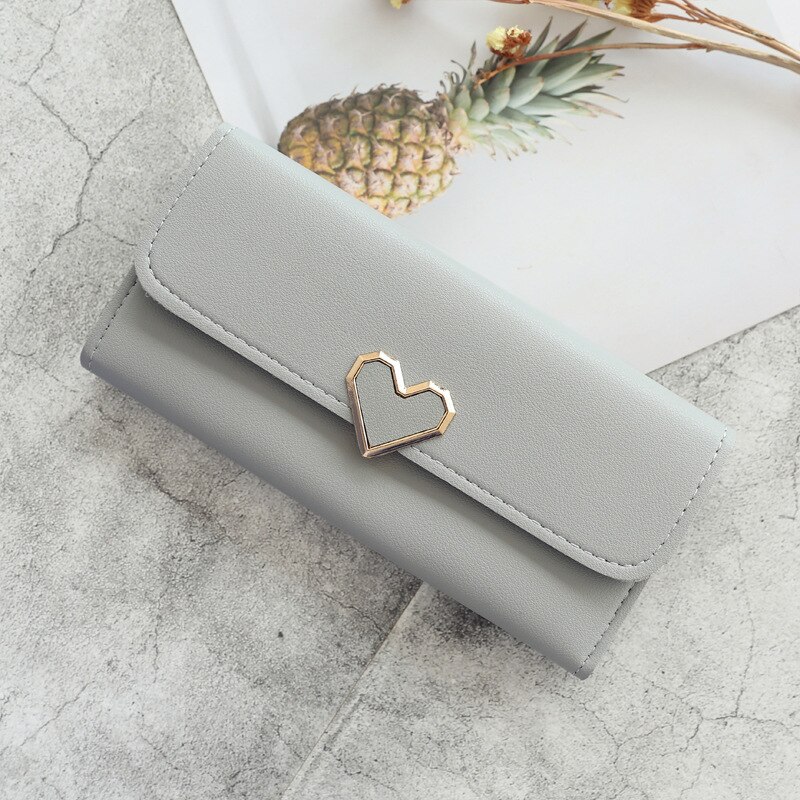 Cute PU Leather Purse Heart-shaped Decoration Long Multi-card Wallet Purse Buckle Clutch Mobile Phone Student Women's Wallet: Gray