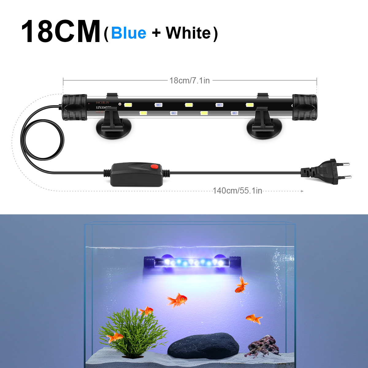 48/38CM LED pecera lámpara de tubo subacuática barra de luz 220V UE para acuario sumergible peces mascota planta crecimiento iluminación Decoración: BLANCO