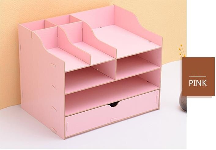 Trieur de documents de bureau en bois à 4 niveaux, support de documents A4 porte-plateau avec porte-stylo organisateur de bureau pour le bureau et la maison: PINK