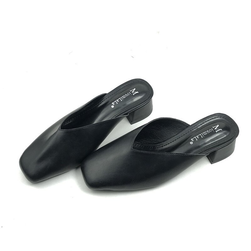 retro Oma Maultiere Schuhe Damen lässig Leder Hausschuhe Hause Ich bin Freien Rutschen Med-hoch Fersen kippen-Flops Femme Karree pantufla: Schwarz / 5