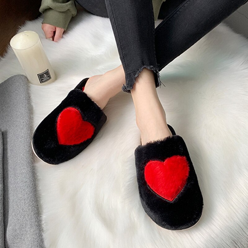 Cute Women Slippers Love Heart Cotton Winter Fur Slides Ladies Home Furry Slippers Warm House Indoor Non-slip Shoes