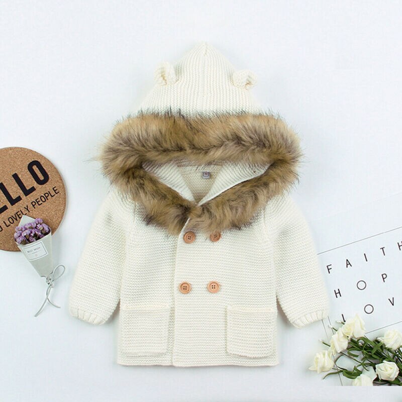 Mode Baby Trui Jas Leuke Bontkraag Dier Hooded Breien Baby Jas Herfst Winter Warm Kleding Voor Baby meisje Jongen