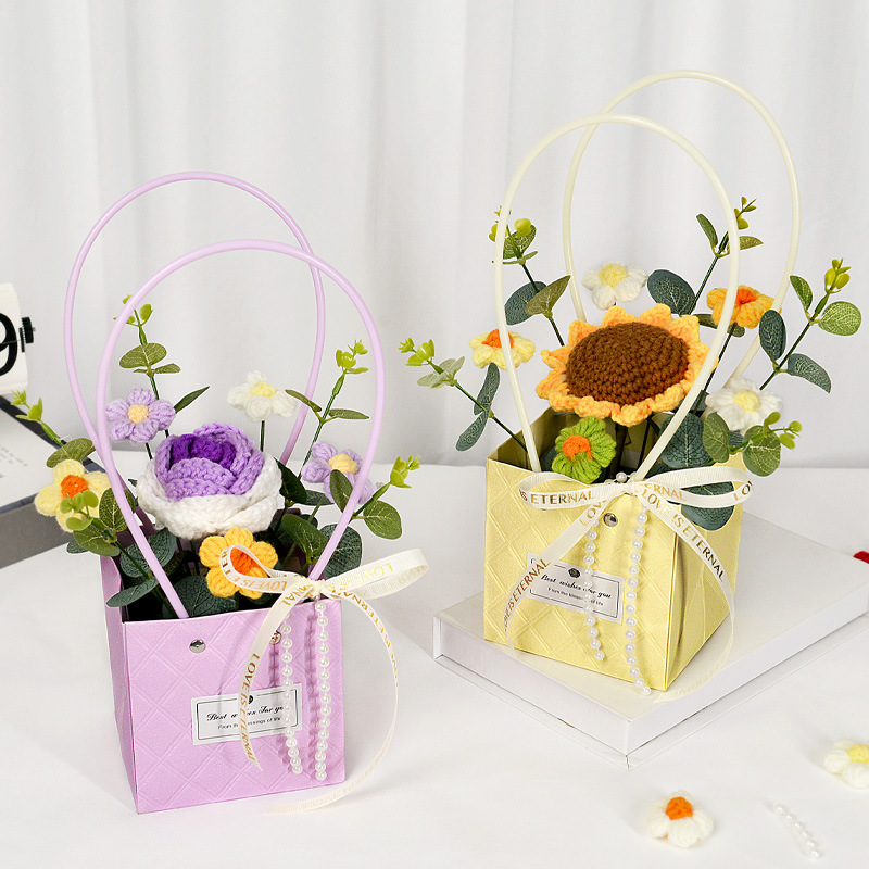 stijl gehaakte zonnebloemen rozen anjer pluche planten afgewerkt gebreide handtas boeketten Valentijn verjaardag afstudeercadeaus