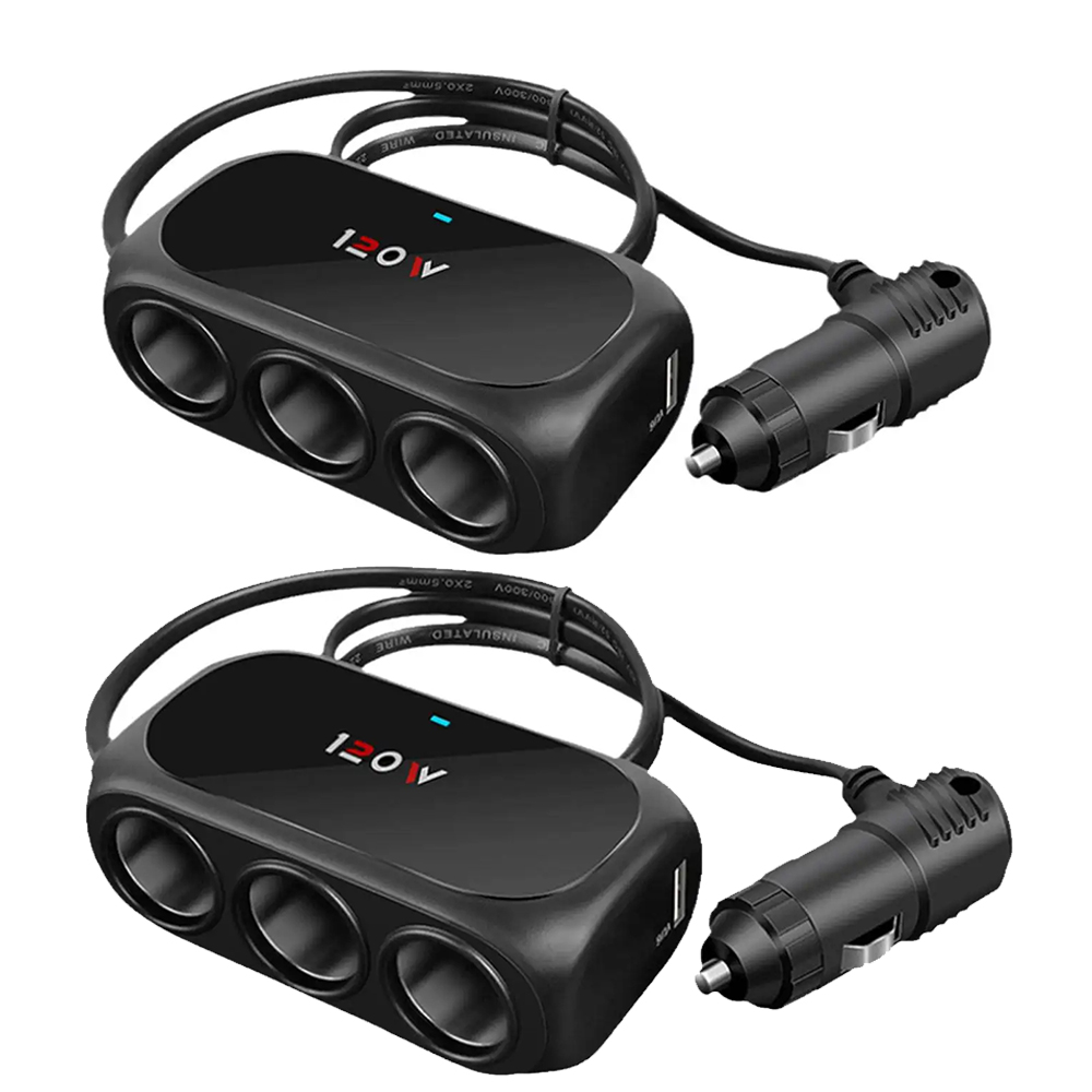 Encendedor de cigarrillos Universal de 120W, 12V, 24V, 3 vías, enchufe múltiple, cargador USB, adaptador Interior doble negro, divisor ABS, accesorio para coche: Negro