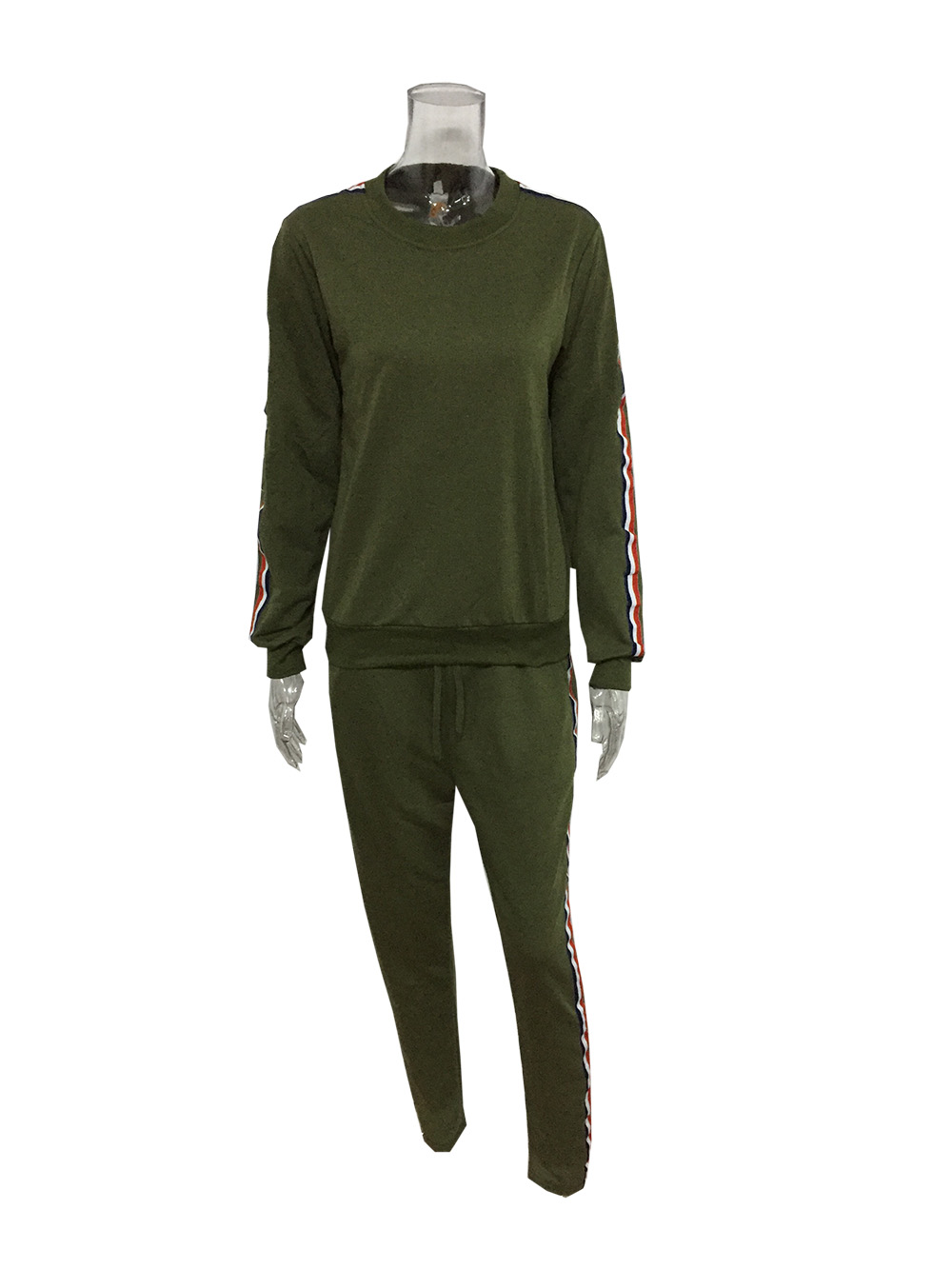Gestreepte Solid Mode Pak Set Vrouwen Trainingspak Tweedelige Sport Stijl Outfit Jogging Sweater Fitness Lounge Sportwear: Army Green / M