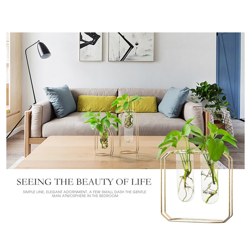 Nordic Glass Cuvette Vase Modern Gold Plated Iron Flower Vase Plant Vase Terrarium Room Home Wedding