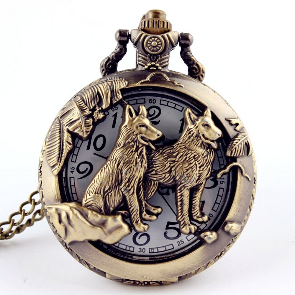 Retro Bronze Wolf Hollow Quartz Pocket Watch Mens Women Necklace Pendant FOB Chain Steampunk Pocket Watches