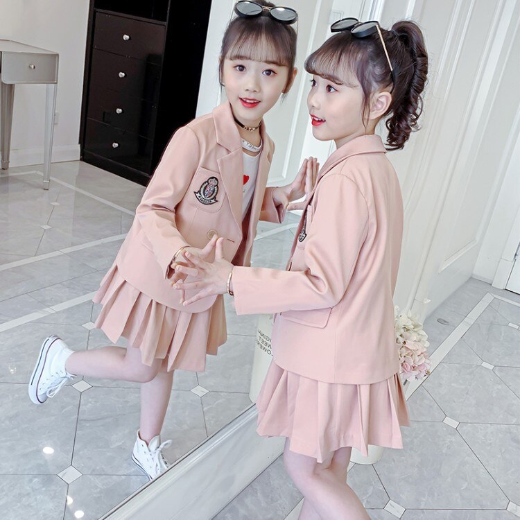 Spring Girls Cute Pink Blazer Suit Campus Style Two-piece Children&#39;s Korean Western Style All-match Cotton Suit Skirt LB252