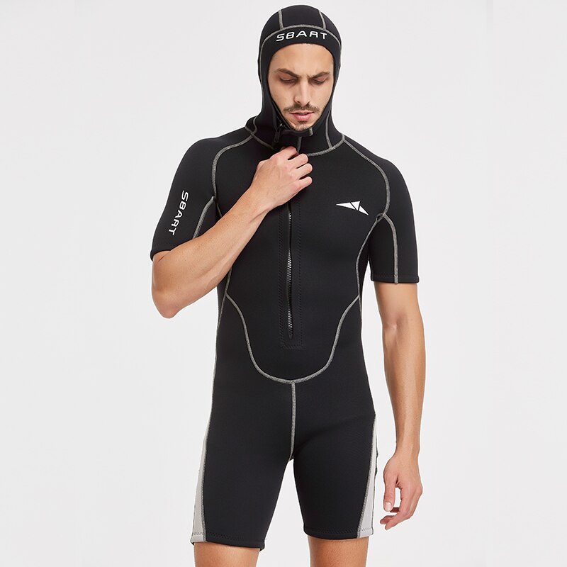 Herren-shorty-neoprenanzug, 3mm -tauchanzug, frontreißverschluss, kapuze, schnorcheln, surfen, kajakfahren, kanufahren, kaltwasser-neoprenanzüge