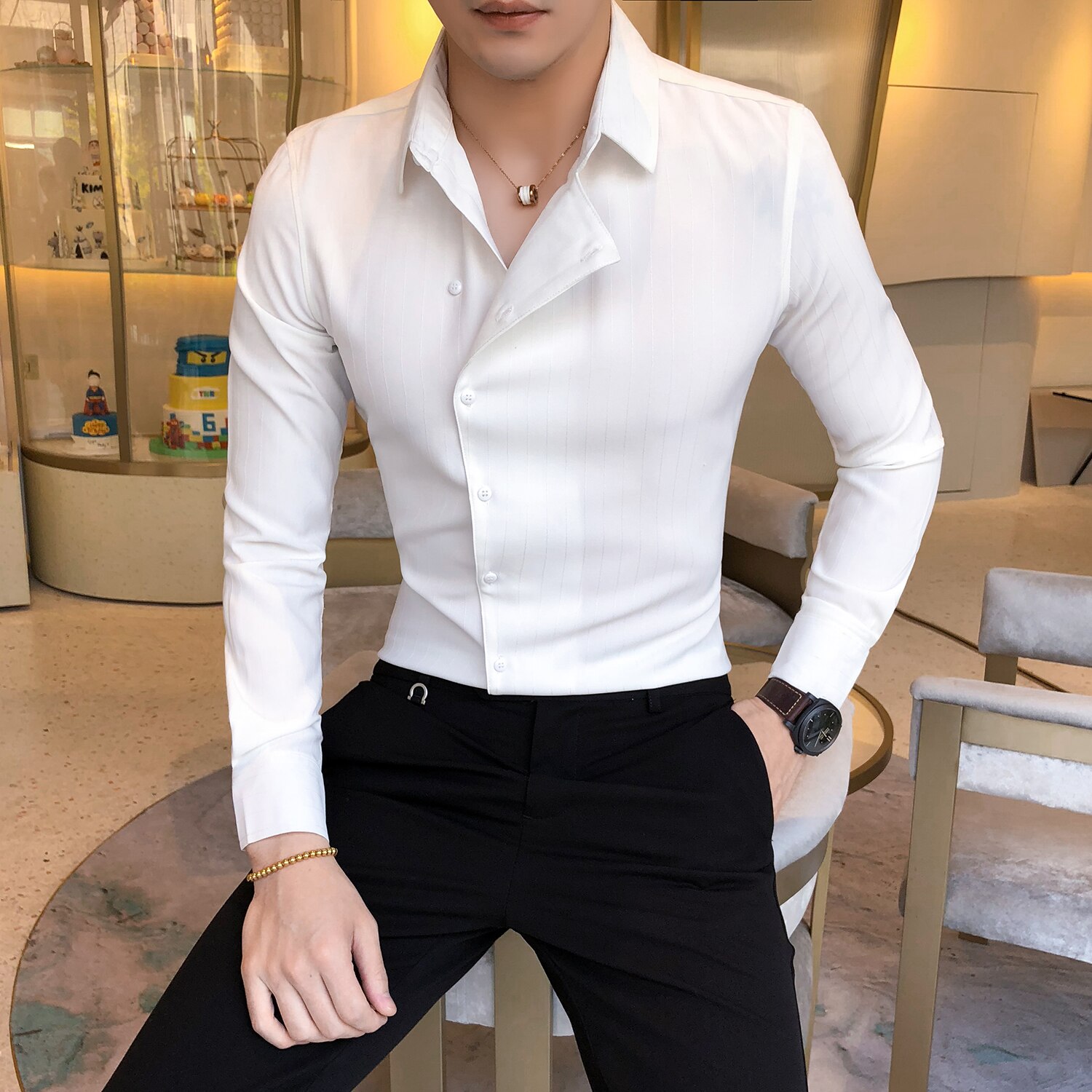 Herre fritidsskjorter camisa masculina smoking tøj ensfarvet skjortekjole mærke slim fit herreskjorte langærmede skjorter herre: Hvid / Koreansk  l 52-60kg
