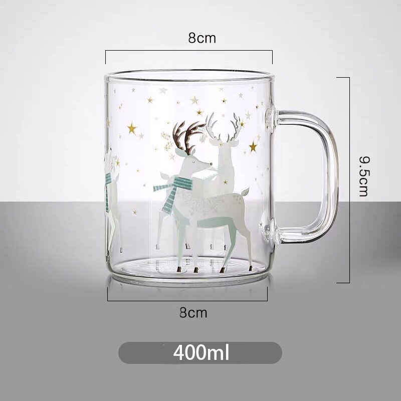 Jultryck glas mugg handtag dubbelskikt isolering tjock glas kopp jul dekor muggar hem vatten koppar värmebeständigt: Rådjurhandtag