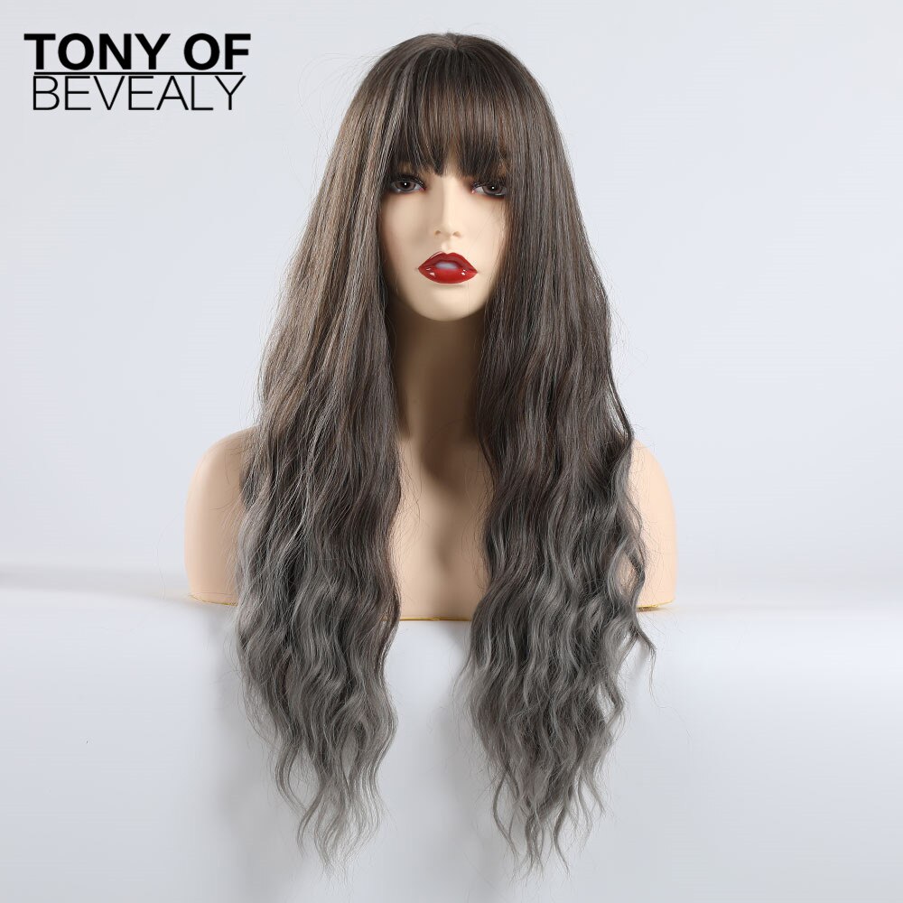 Pelucas de pelo Afro Natural ondulado largo sintético con flequillo para mujeres negras, pelucas onduladas marrones grises y grises con flequillo, fibra resistente al calor: lc233-1