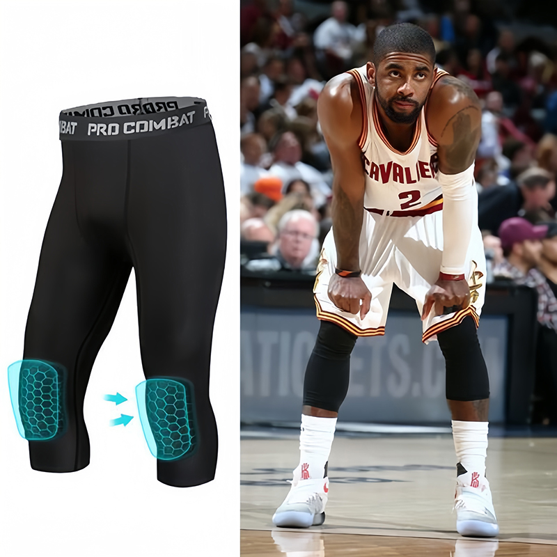 Pantalon de compression de basket-ball avec genouillères pour hommes et garçons, collants de sport de longueur 3/4, leggings d'entraînement rembourrés en accent d'abeille à séchage rapide