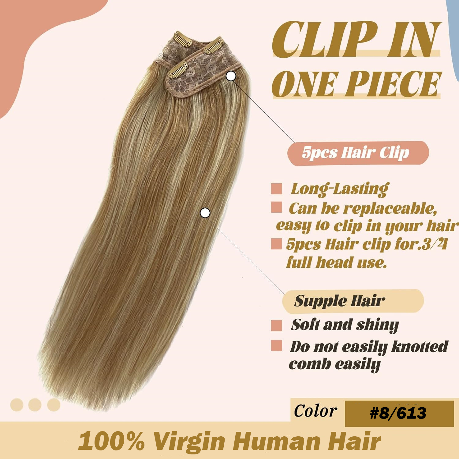 Resalte # 8/613 Clip recto en extensiones de cabello 100% cabello humano una pieza 5 Clips en extensiones de cabello humano 100 g/set cabeza completa