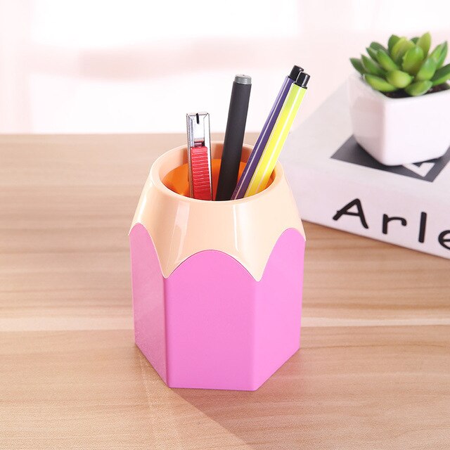 Pencil Shaped Kawaii Pen Holder Makeup Brushes Holder Desk Stationery Organizer School Office Supplies Pen Container: Pink