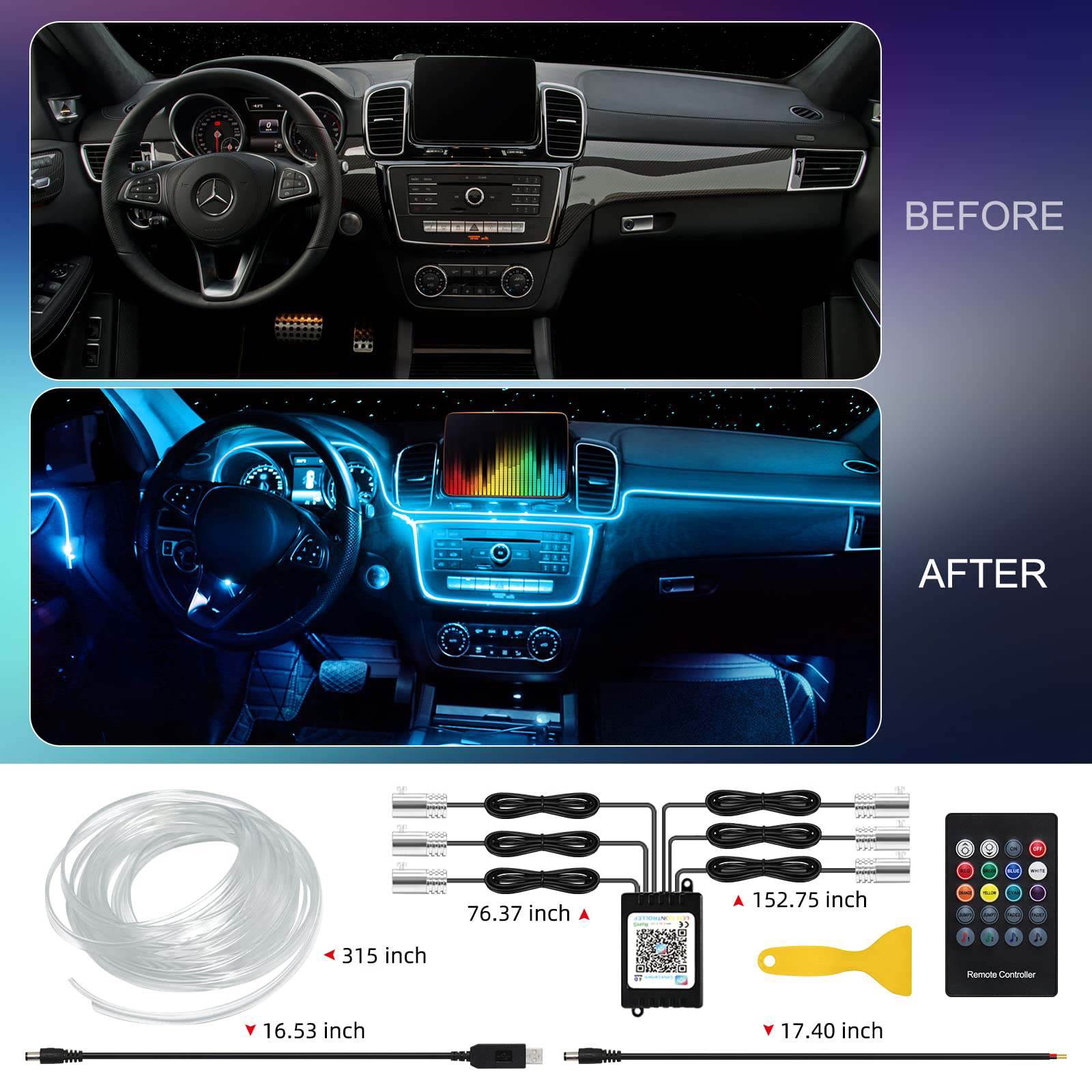 Tira de luces LED para Interior de coche, Kit de iluminación de neón de fibra óptica RGB con Control remoto por aplicación, lámparas decorativas automáticas